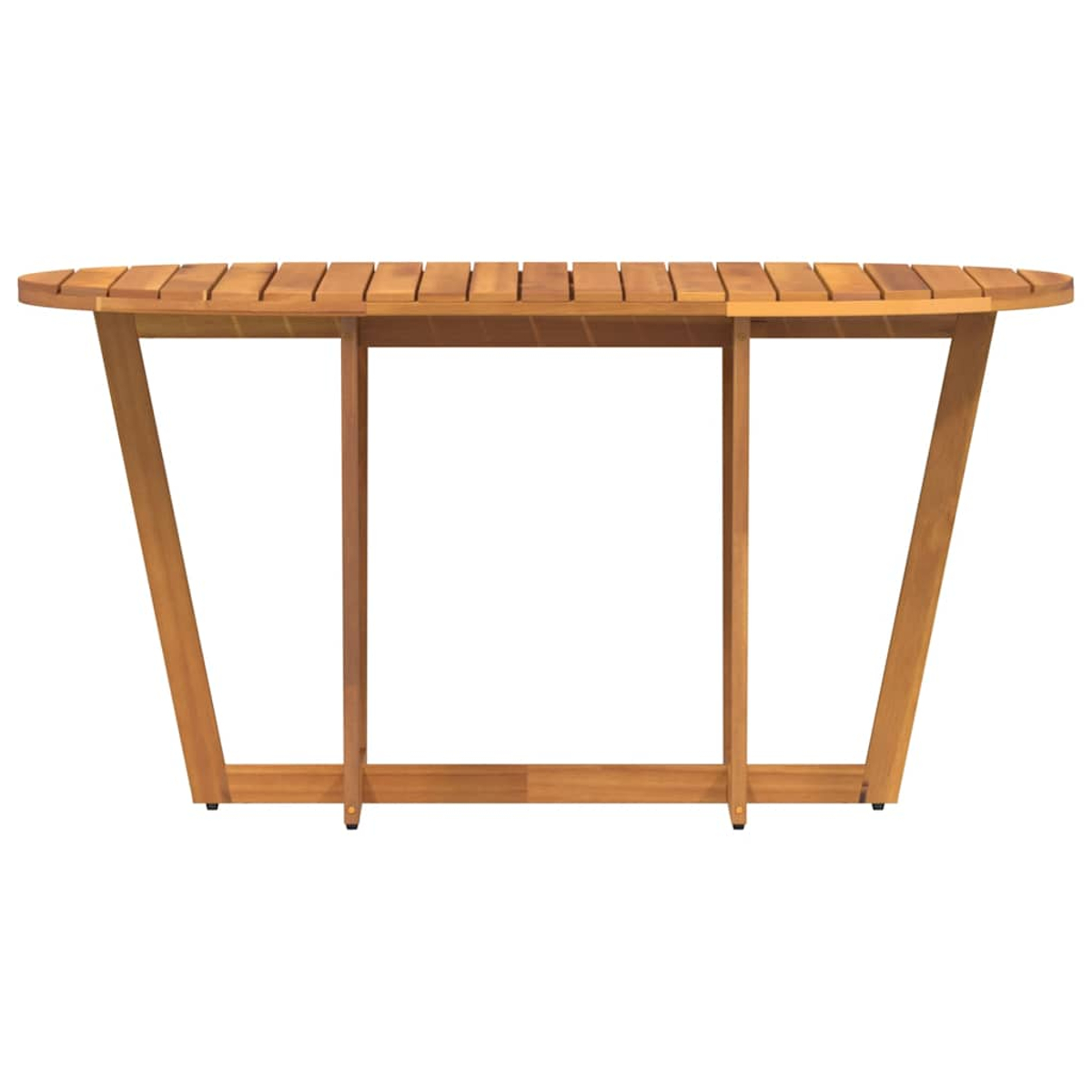 Holztisch mit einzigartigem Design, getragen von abgewinkelten Beinen vor weißem Hintergrund.