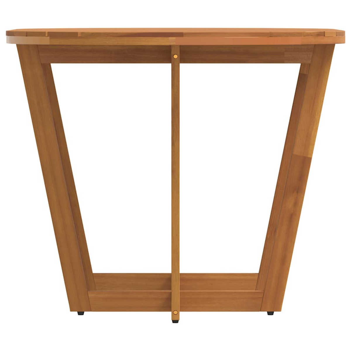Holztisch mit schrägen Beinen. Der Tisch ist hellbraun. Er hat ein einfaches Design.