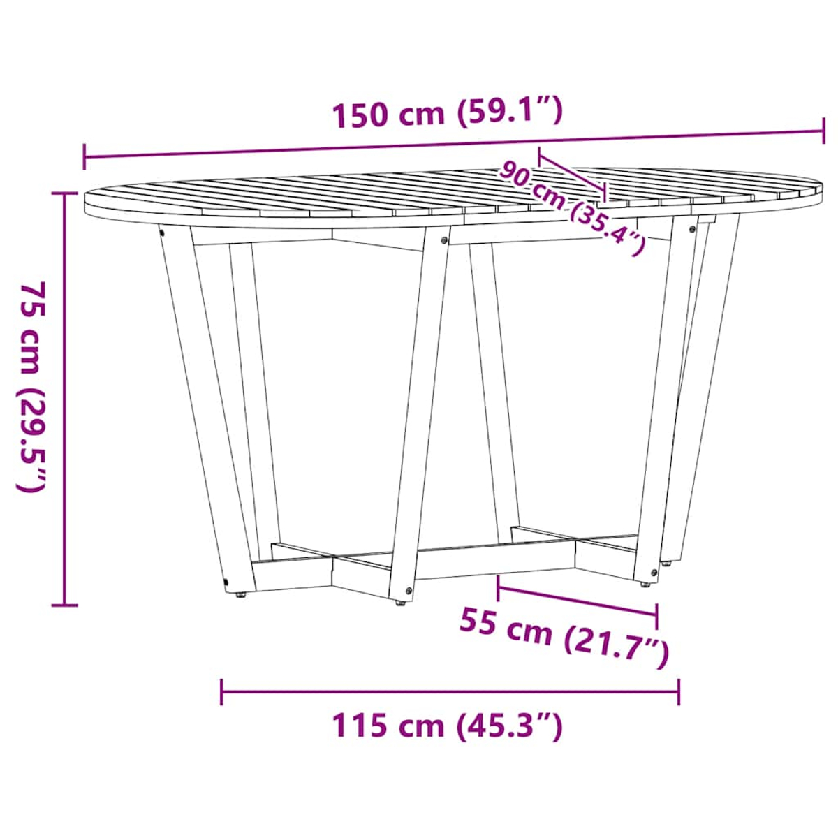 Diagramm eines Holztisches mit Abmessungen, der Tisch hat angewinkelte Beine und einen weißen Hintergrund.