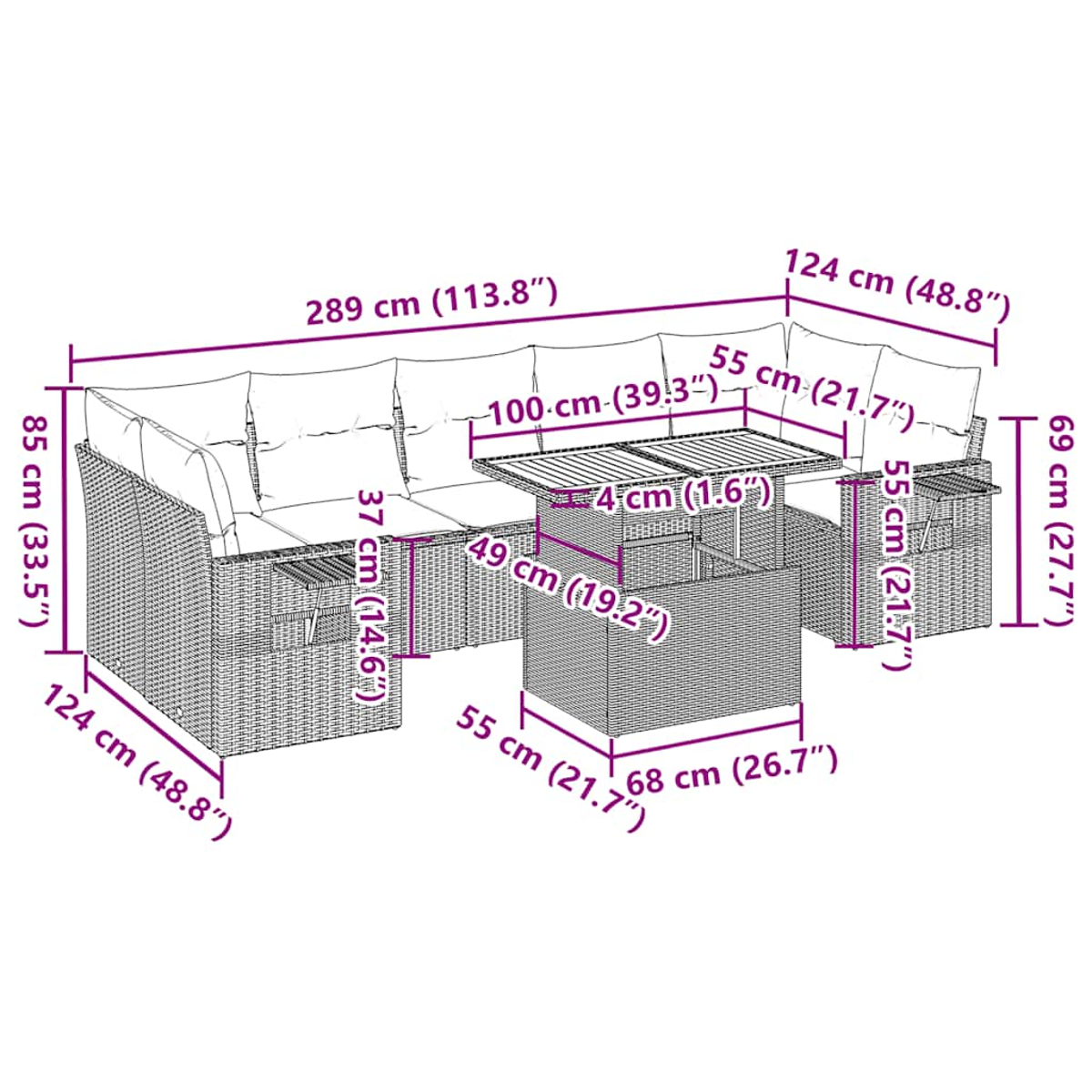 Diagramm eines Rattan-Gartenmöbelsets. Zeigt die Abmessungen der Teile in cm.