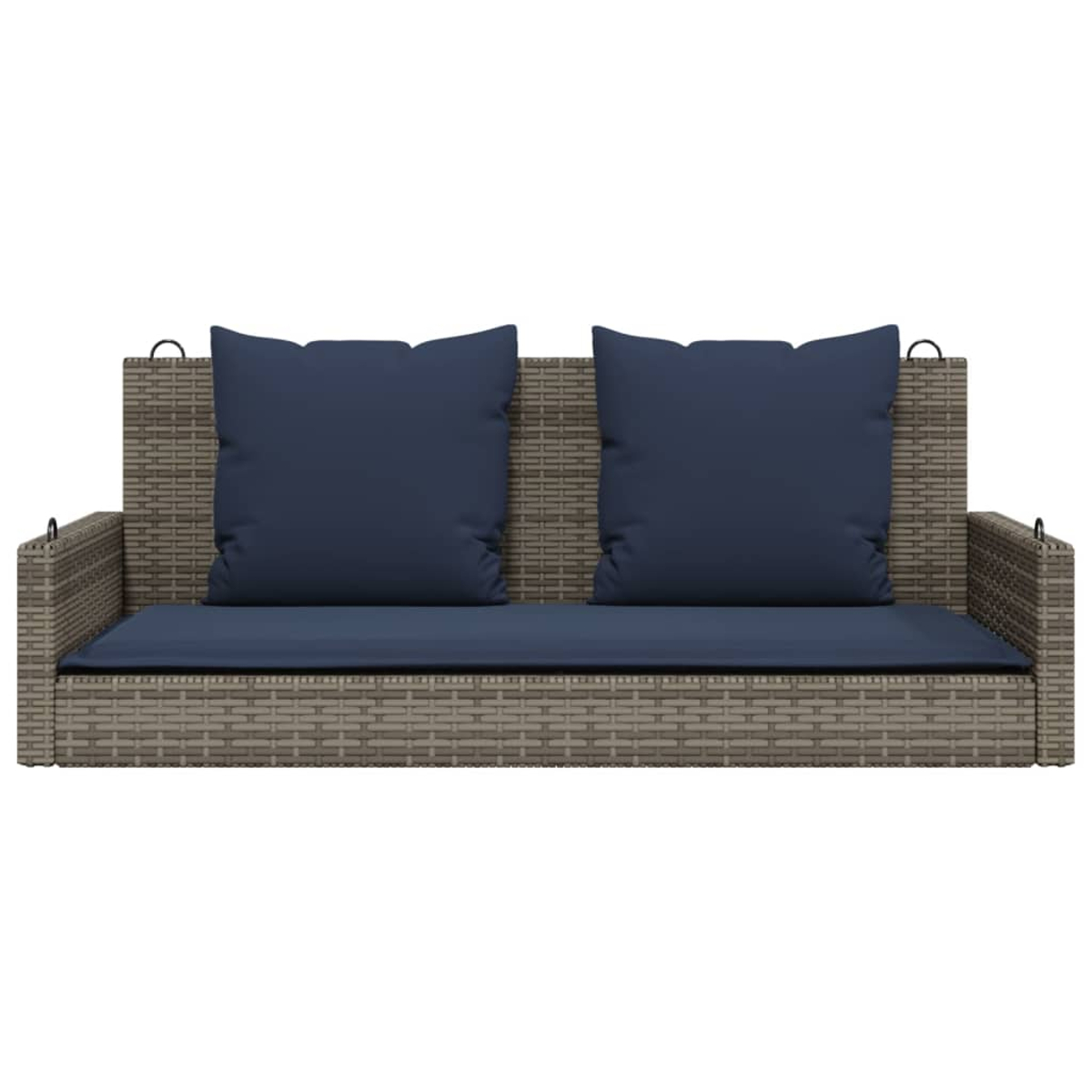 Sedile per altalena in vimini con cuscini blu navy. Il sedile è realizzato in materiale intrecciato con un cuscino blu scuro.