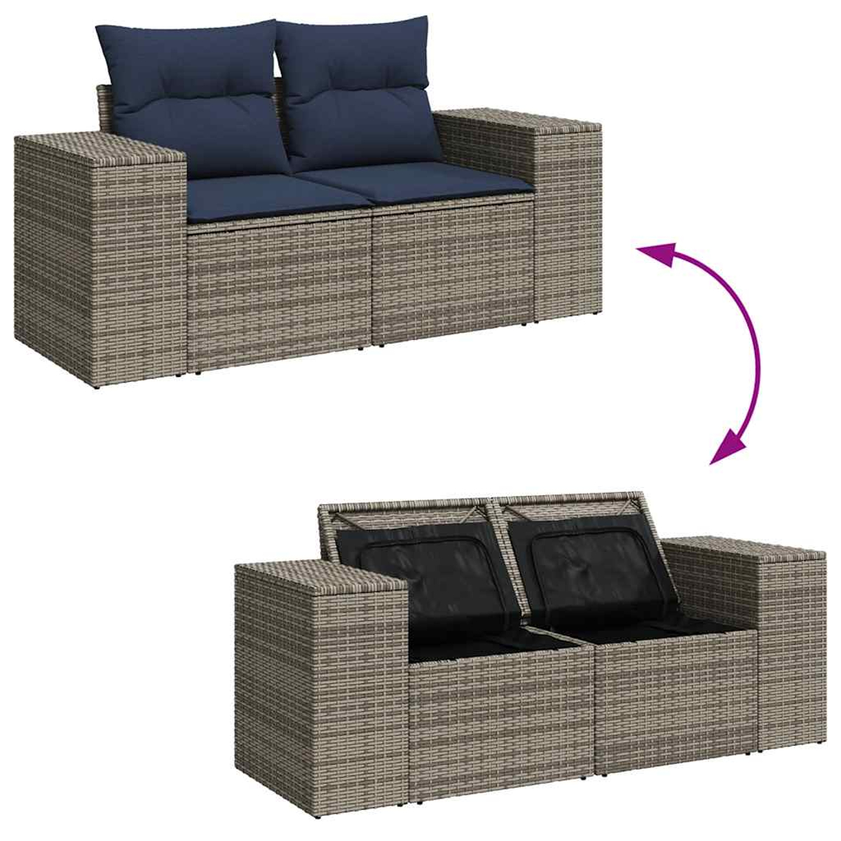 Zweisitziges Rattan-Sofa mit Stauraum, offen und geschlossen. Blaue Kissen.