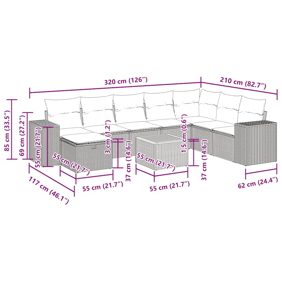 Maßdiagramm eines Outdoor-Ecksofas mit Tisch, das Maße in Zentimetern und Zoll anzeigt.