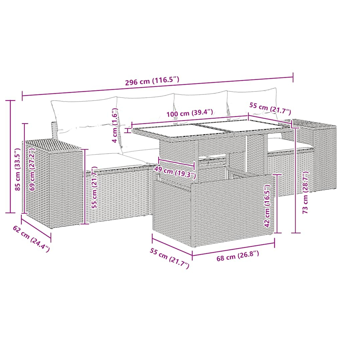 Ein Diagramm eines Outdoor-Sofas und -Tisches mit Abmessungen in Zentimetern und Zoll.