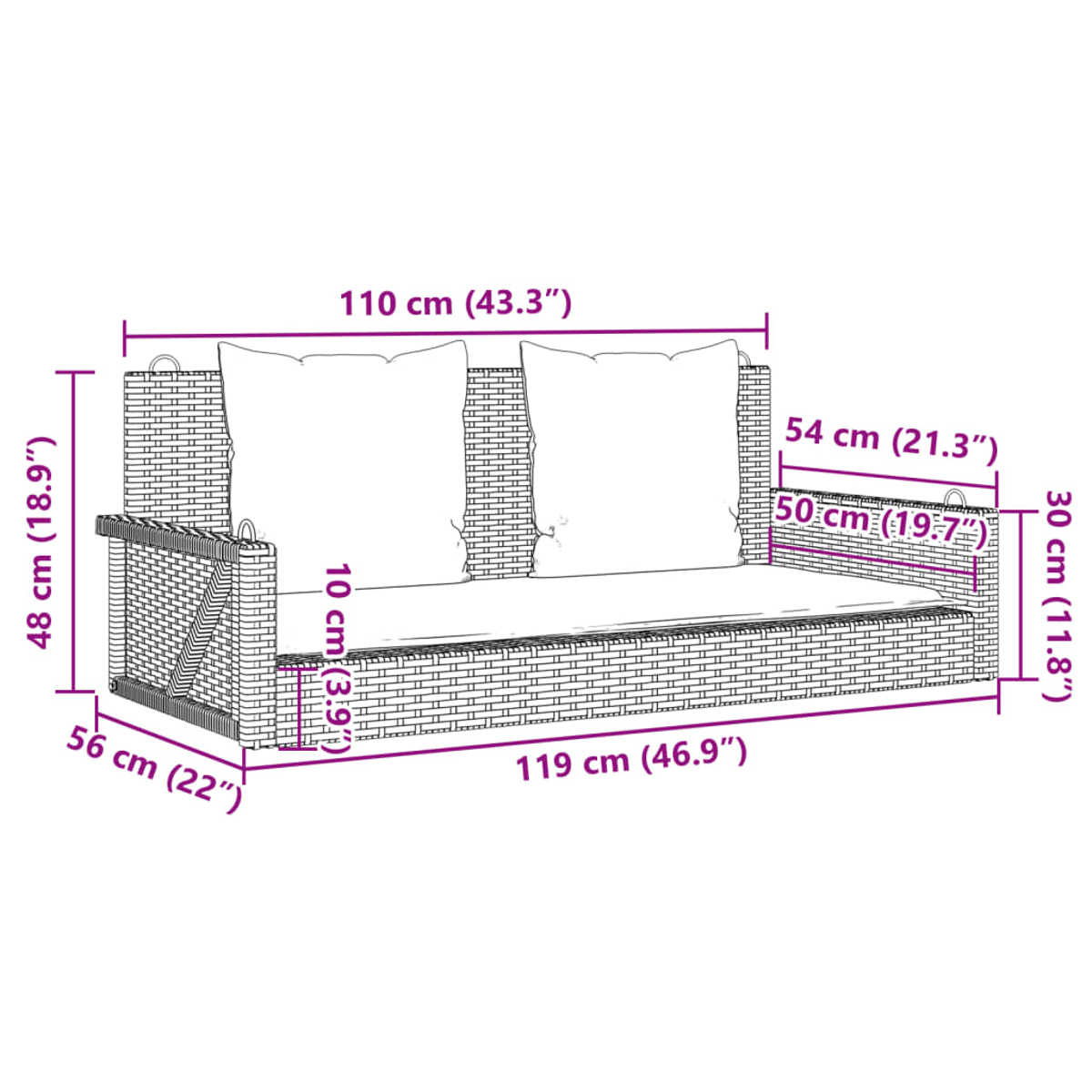 Diagramma delle dimensioni di un sedile per altalena in vimini con cuscini, che mostra le misure in centimetri e pollici.
