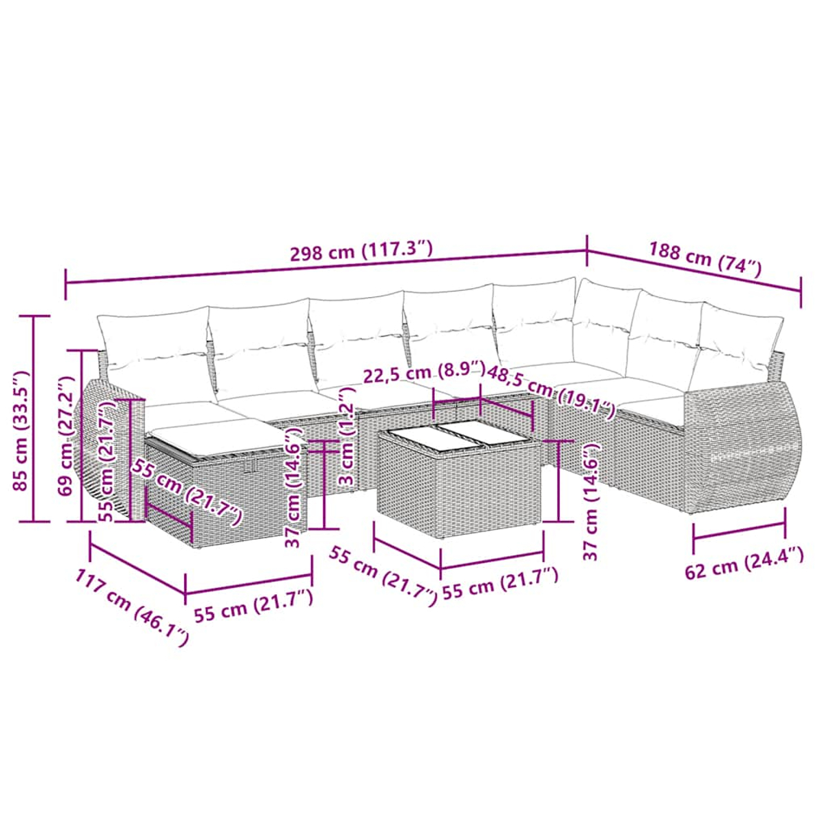 Maßdiagramm eines Outdoor-Ecksofas mit Tisch, das Maße in Zentimetern und Zoll anzeigt.
