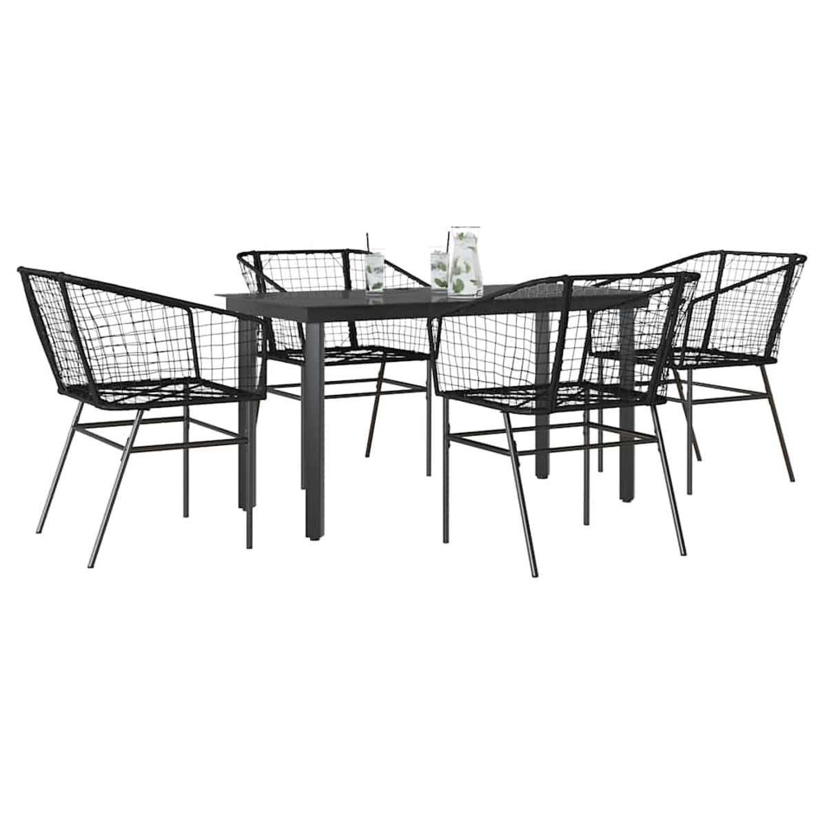 Essgruppe für den Außenbereich mit einem Tisch und vier Stühlen mit Drahtrahmen in modernem, minimalistischem Design.