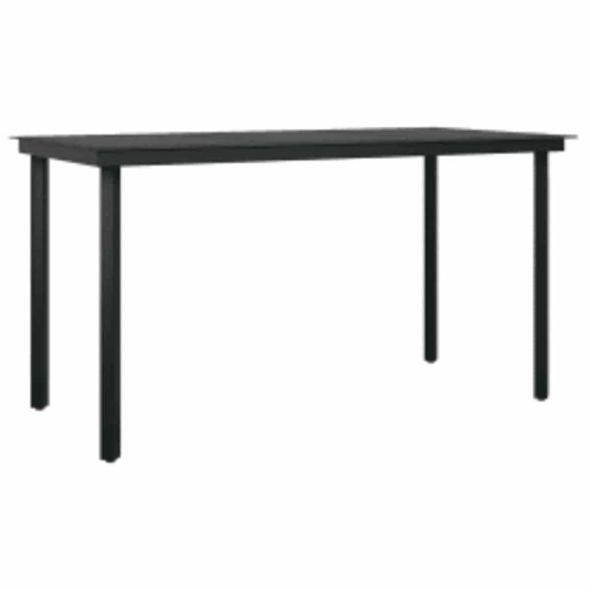 Ein schwarzer rechteckiger Tisch mit vier Beinen. Es ist ein minimalistisches Design, geeignet für den Außenbereich.