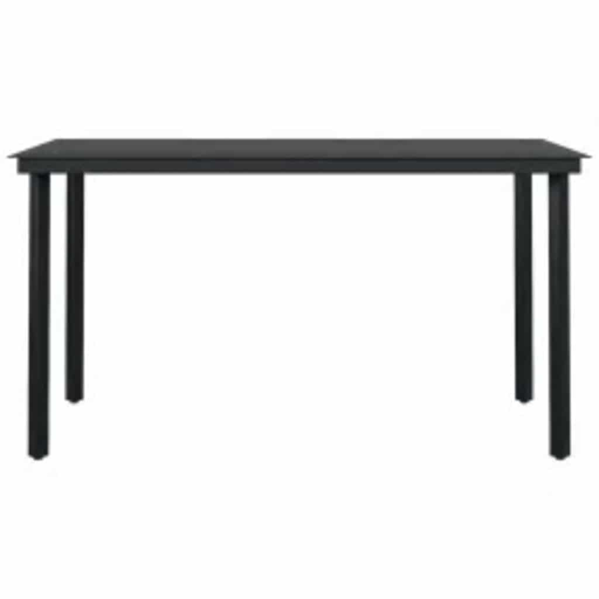 Ein schwarzer rechteckiger Tisch mit vier Beinen. Es ist ein minimalistisches Design, geeignet für den Außenbereich.