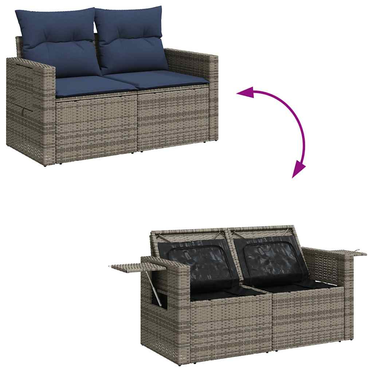 Zwei graue Rattan-Sofas mit blauen Kissen, eines mit Tisch.