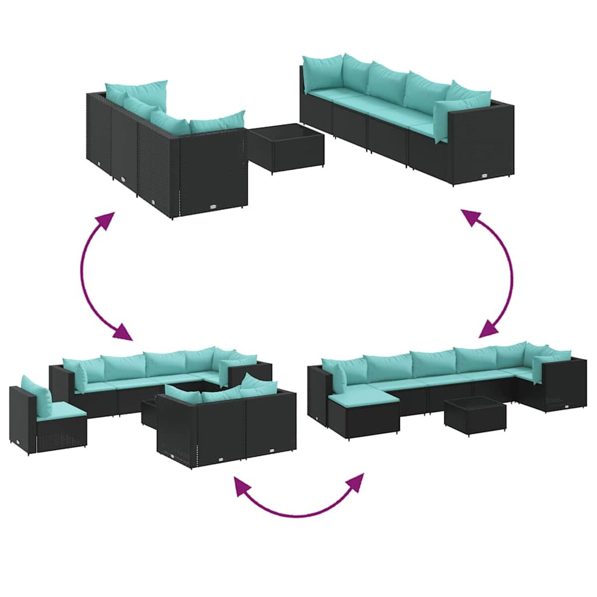 Divano modulare in rattan nero con cuscini turchesi. Sono mostrate diverse configurazioni.