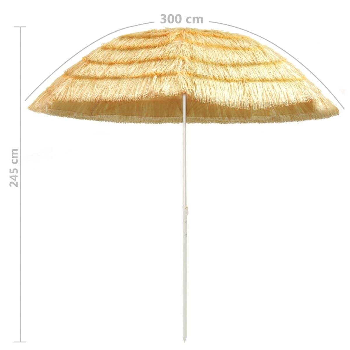 Un grande ombrellone da spiaggia con una parte superiore simile alla paglia e un palo bianco.