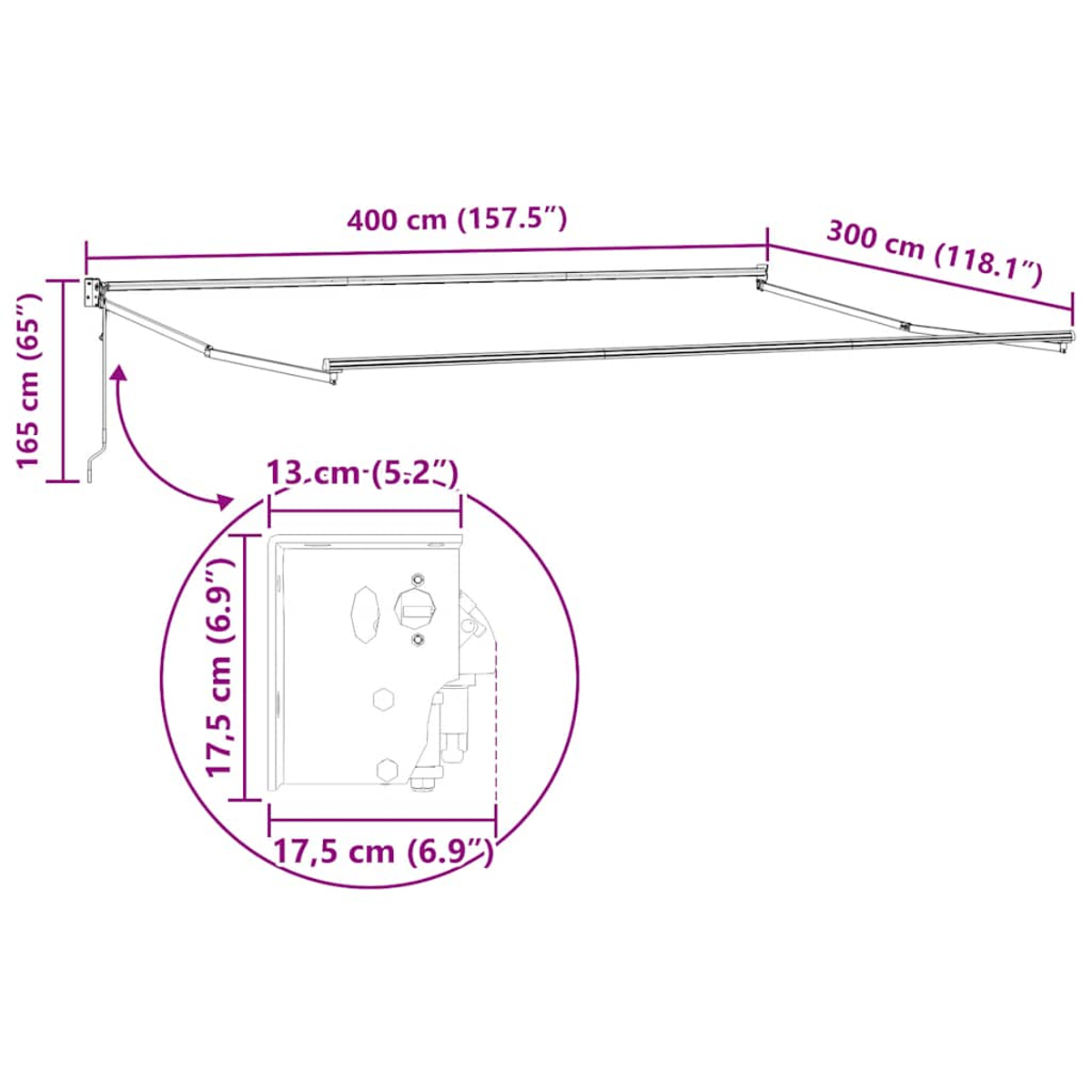 Diagramm einer Markise mit Maßangaben in Zentimetern und Zoll. Weißer Hintergrund.