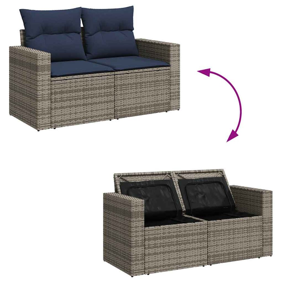 Graues Rattan-Sofa mit marineblauen Kissen, Stauraum sichtbar.