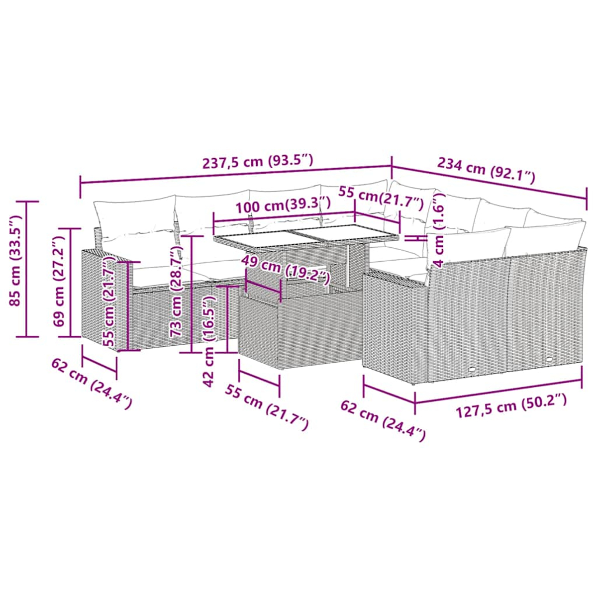Diagramm, das ein Ecksofa mit Abmessungen in cm und Zoll zeigt.
