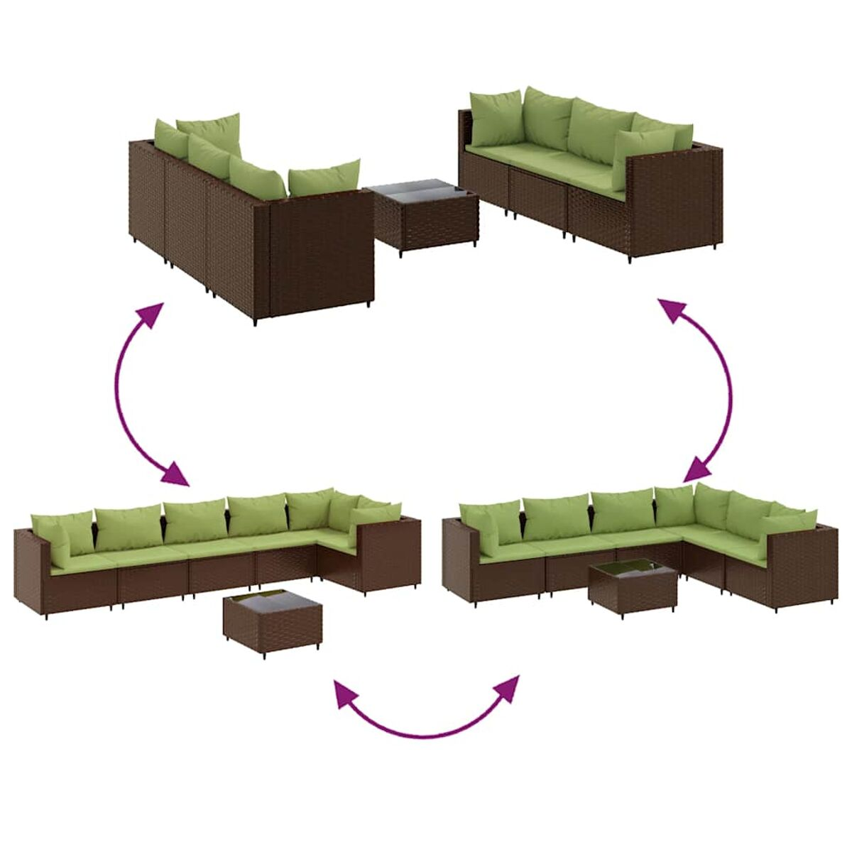 Diagramma che mostra diverse configurazioni di un set divano da esterno con cuscini verdi e tavolino.