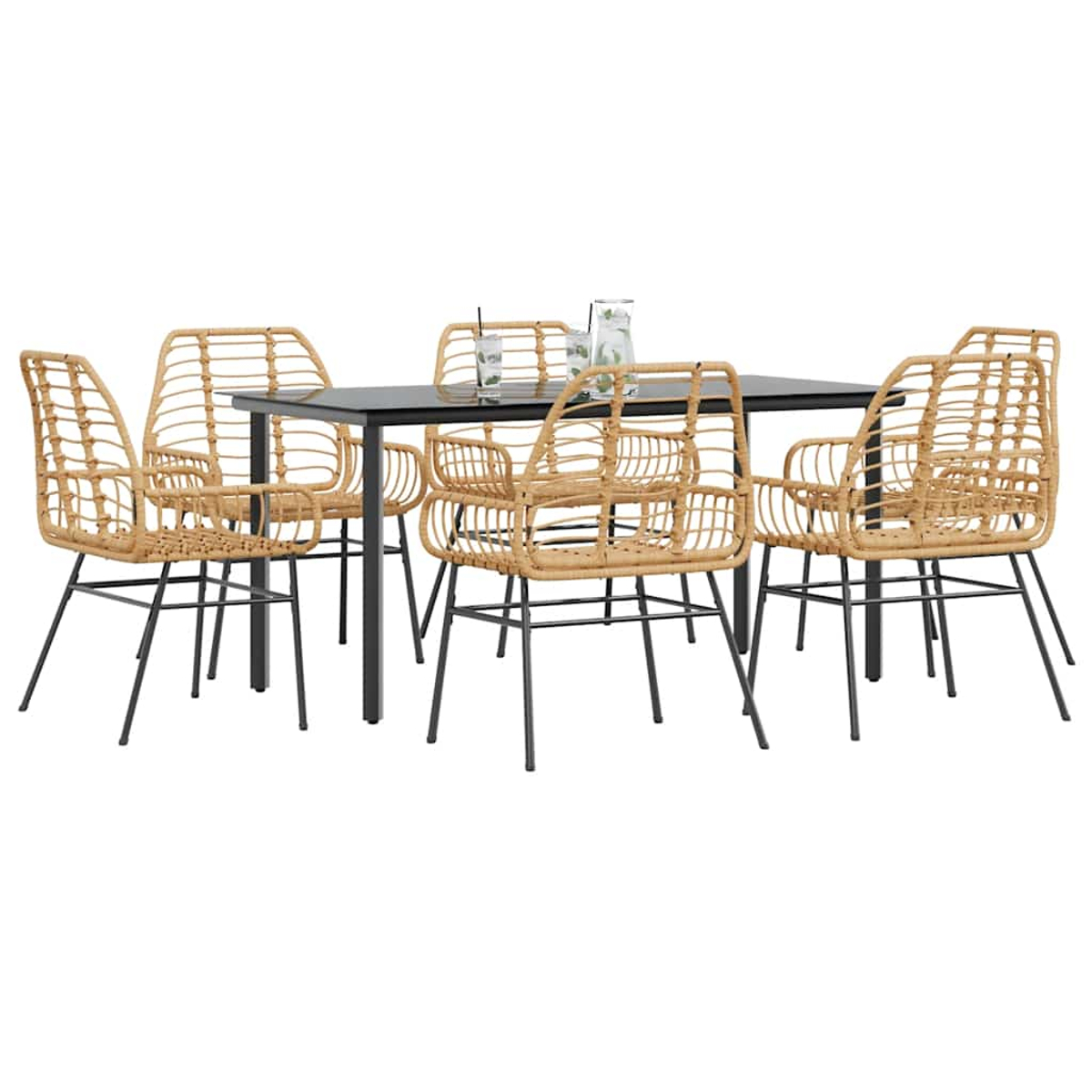 Ein Ess-Set mit einem schwarzen Tisch und sechs beigen Rattan-Stühlen auf weißem Hintergrund.