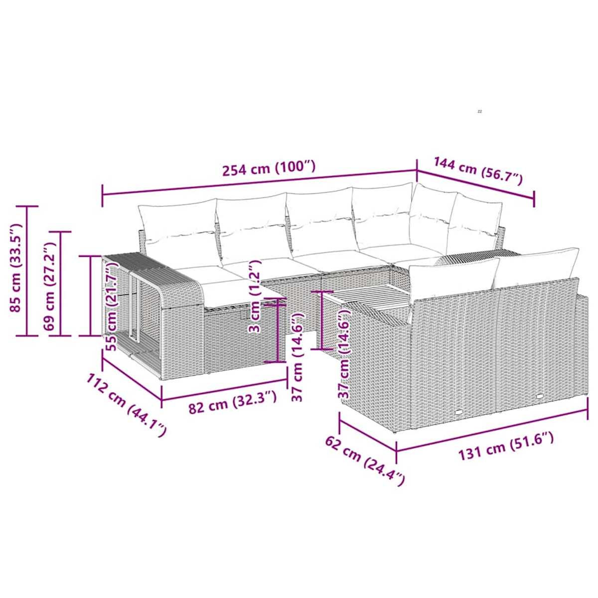 Ein Outdoor-Rattan-Ecksofa mit Abmessungen, einschließlich eines Beistelltisches, in einem Diagramm.