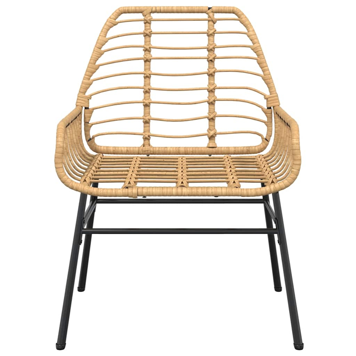 Ein einzelner beiger Rattan-Stuhl mit schwarzen Metallbeinen, direkt von vorne betrachtet.