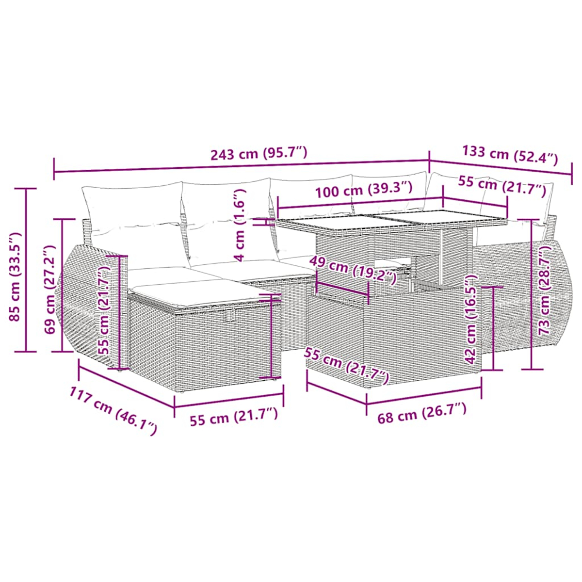 Ein Outdoor-Rattan-Ecksofa mit Abmessungen, einschließlich eines Tisches mit Hubplatte, in einem Diagramm.