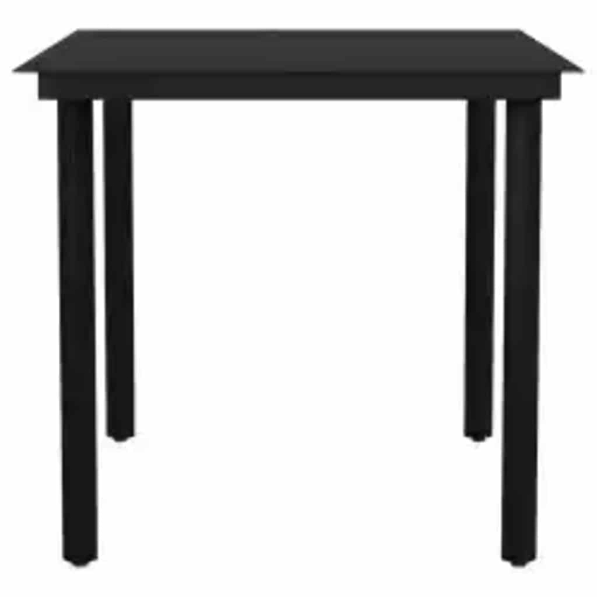 Ein schwarzer quadratischer Tisch mit vier Beinen. Es ist ein einfaches Design, das für verschiedene Zwecke geeignet ist.