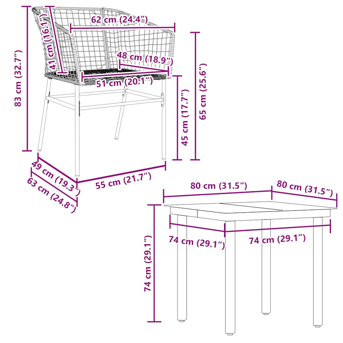 Diagramm mit den Abmessungen eines Stuhls und Tisches. Enthält Messungen für jedes Teil.