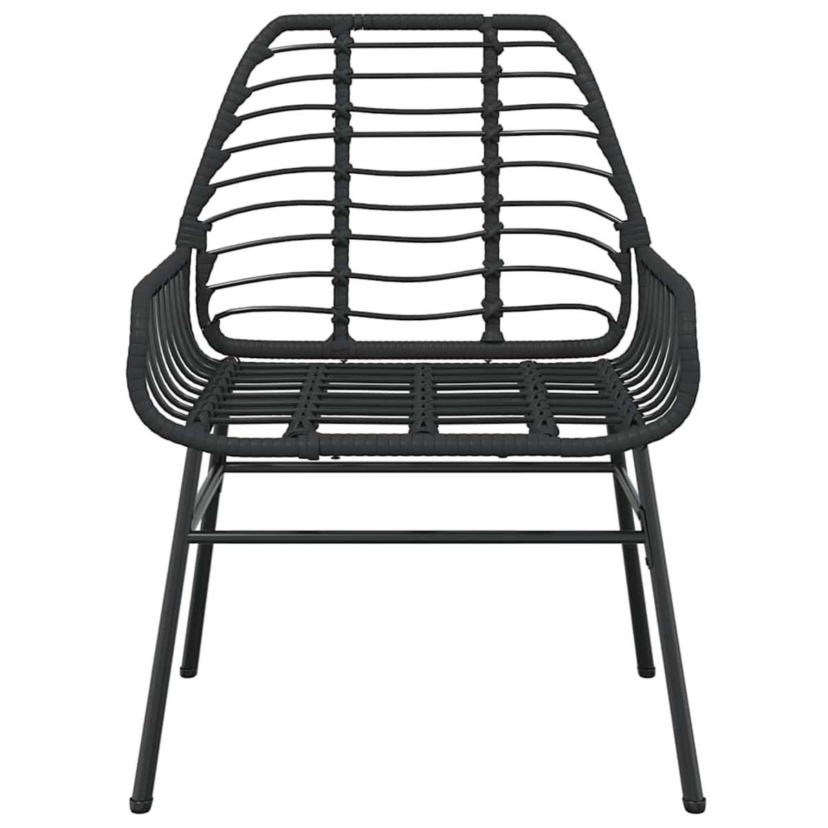 Schwarzer Webstuhl mit Metallbeinen. Der Stuhl hat eine gebogene Rückenlehne und einen Sitz für den Außenbereich.