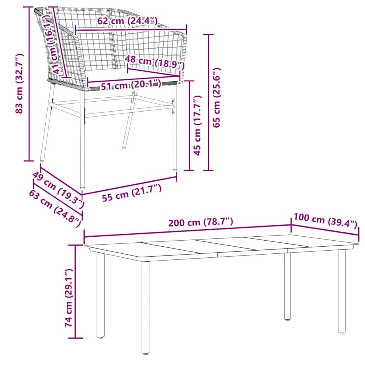 Diagrama que muestra las dimensiones de una silla y una mesa. Incluye silla, mesa y tamaños en cm y pulgadas.
