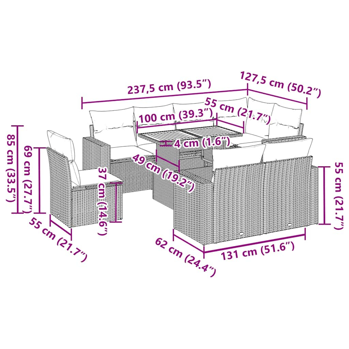 Diagramm mit den Abmessungen eines Terrassensets. Es umfasst ein Sofa, Stühle und einen Tisch mit Maßen.