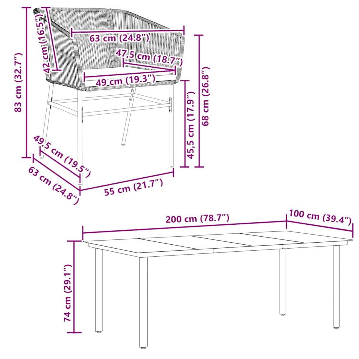 Diagramm mit den Abmessungen eines Stuhls und Tisches. Das Bild hat Maße in cm und Zoll.