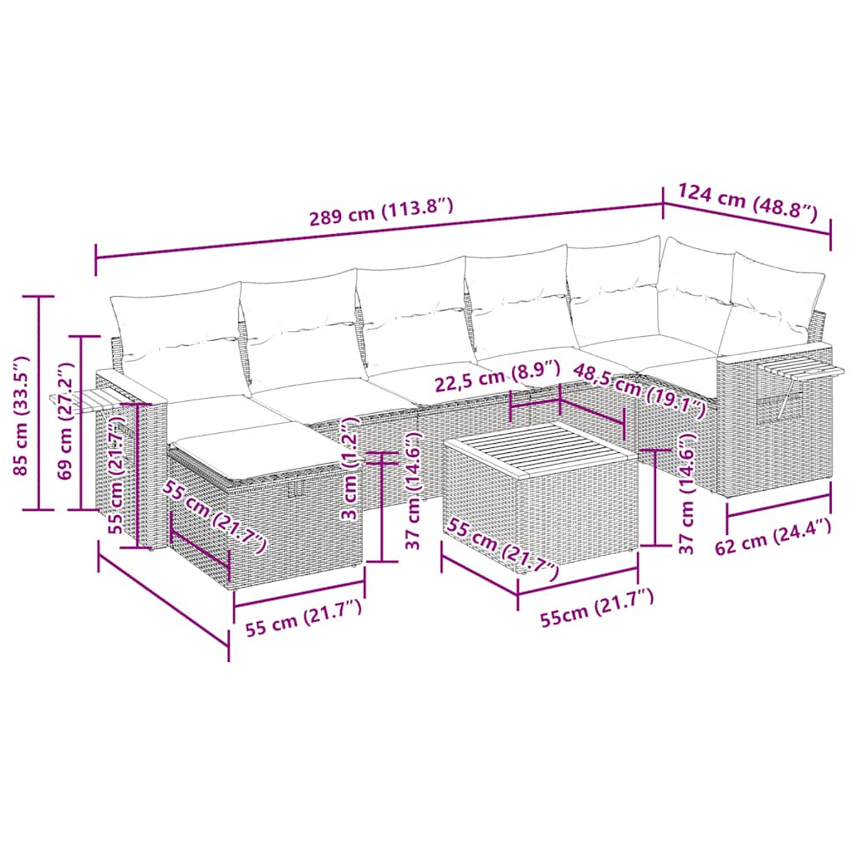 Ein Outdoor-Möbelset aus gewebtem Material mit Ecksofa, Tisch und Hocker, mit Maßen.