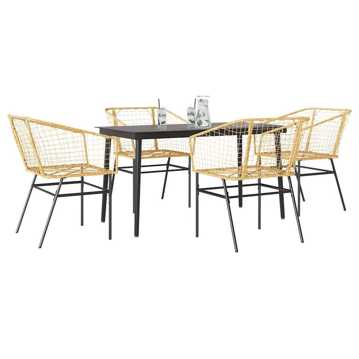 Essgruppe mit schwarzem Tisch und vier gewebten Stühlen. Ein Glas Wasser und eine Pflanze sind vorhanden.