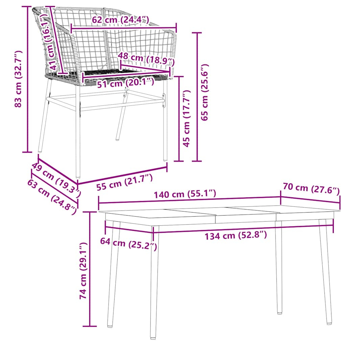 Diagramm eines Stuhls mit Abmessungen. Es ist ein gewebter Stuhl mit Metallrahmen.