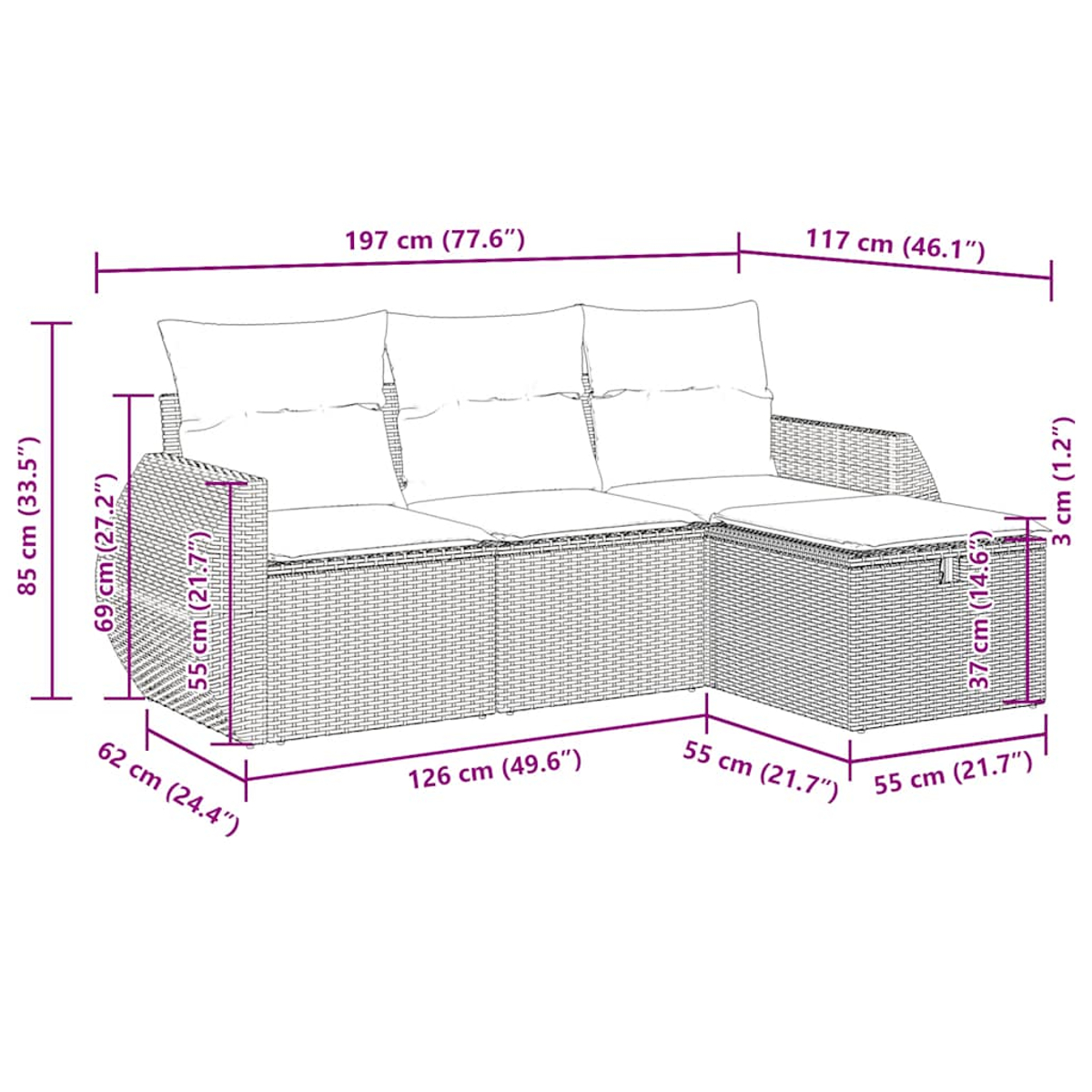 Diagramm eines Sofas mit Abmessungen. Es beinhaltet eine Chaiselongue.
