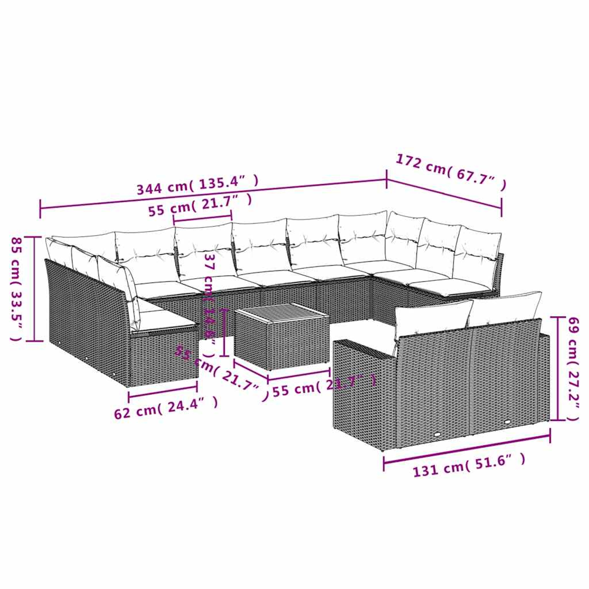 Ein Diagramm eines großen Ecksofas mit Maßen. Das Sofa ist grau mit weißen Kissen.