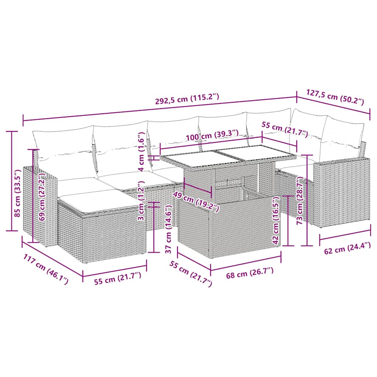 Diagramm eines Outdoor-Ecksofas mit Abmessungen in Zentimetern und Zoll.