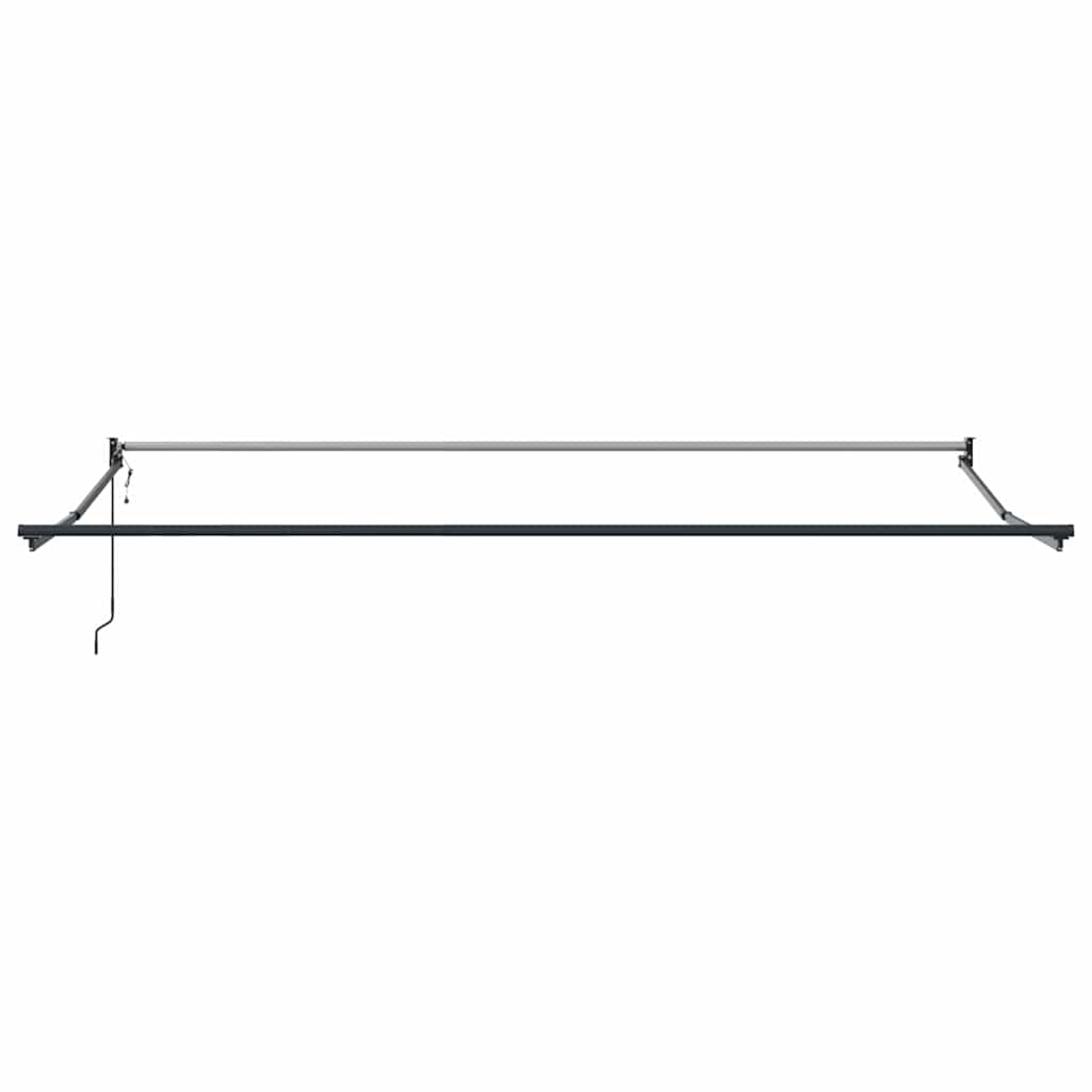 Una tenda retrattile grigia, montata su un muro. La tenda è completamente estesa.