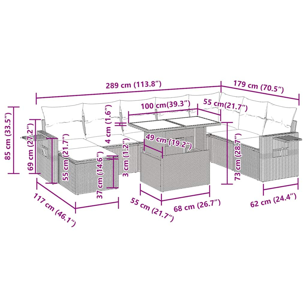 Diagramm eines Outdoor-Ecksofas mit Abmessungen in Zentimetern und Zoll.