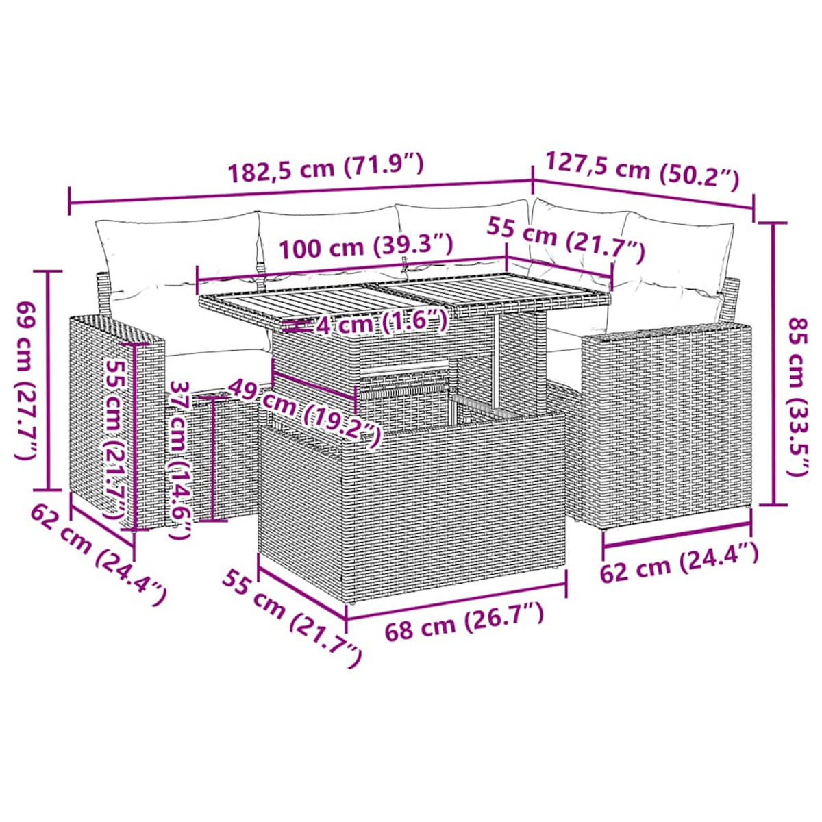 Diagramm mit den Abmessungen von Gartenmöbeln: Ecksofa, Tisch und Kissen. Maße sind in cm und Zoll angegeben.