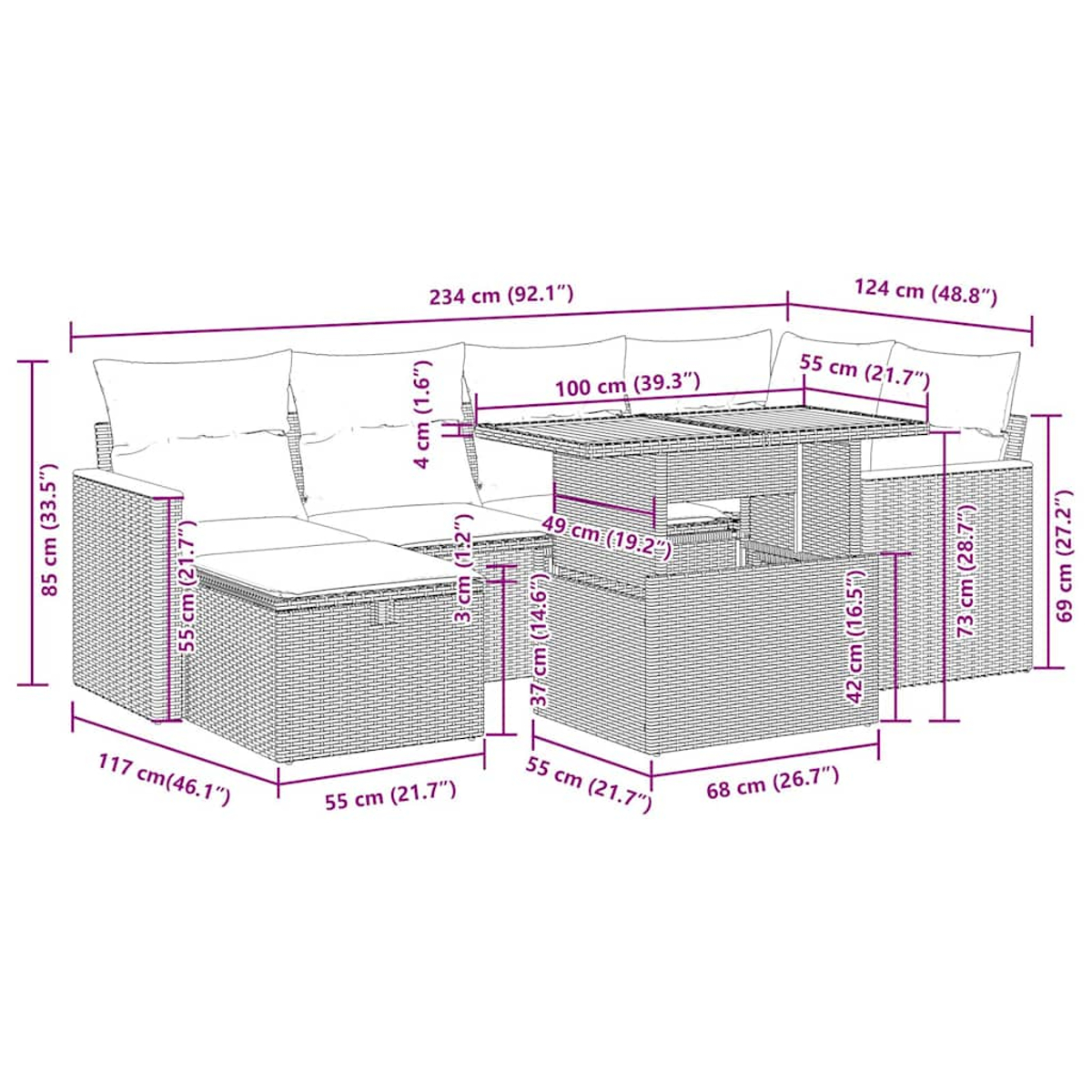 Diagramm eines Outdoor-Ecksofas mit Abmessungen in cm und Zoll.