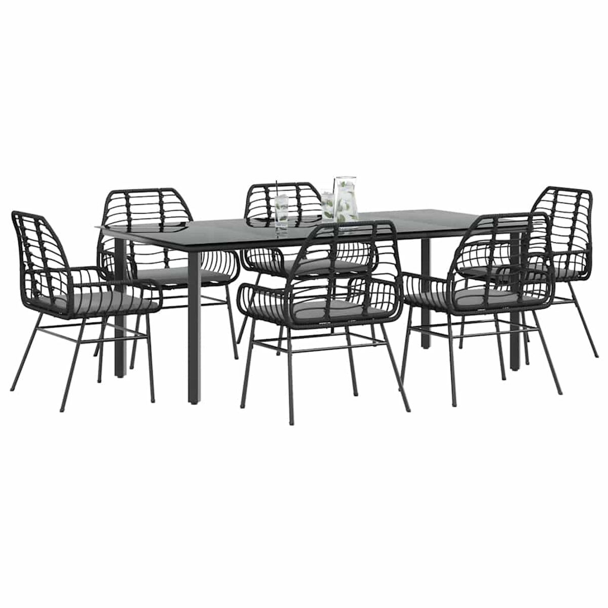 Ein schwarzes Outdoor-Essset aus Metall mit sechs Stühlen und einem Tisch mit grauen Kissen und Glaswaren.
