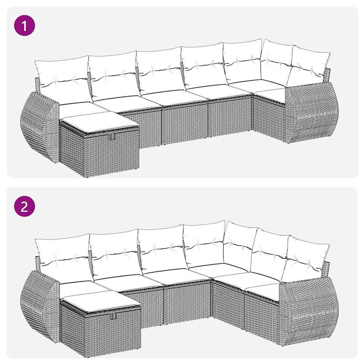 Zwei Ecksofa-Designs mit Maßen. Korbstil, jeweils mit Beistelltisch.