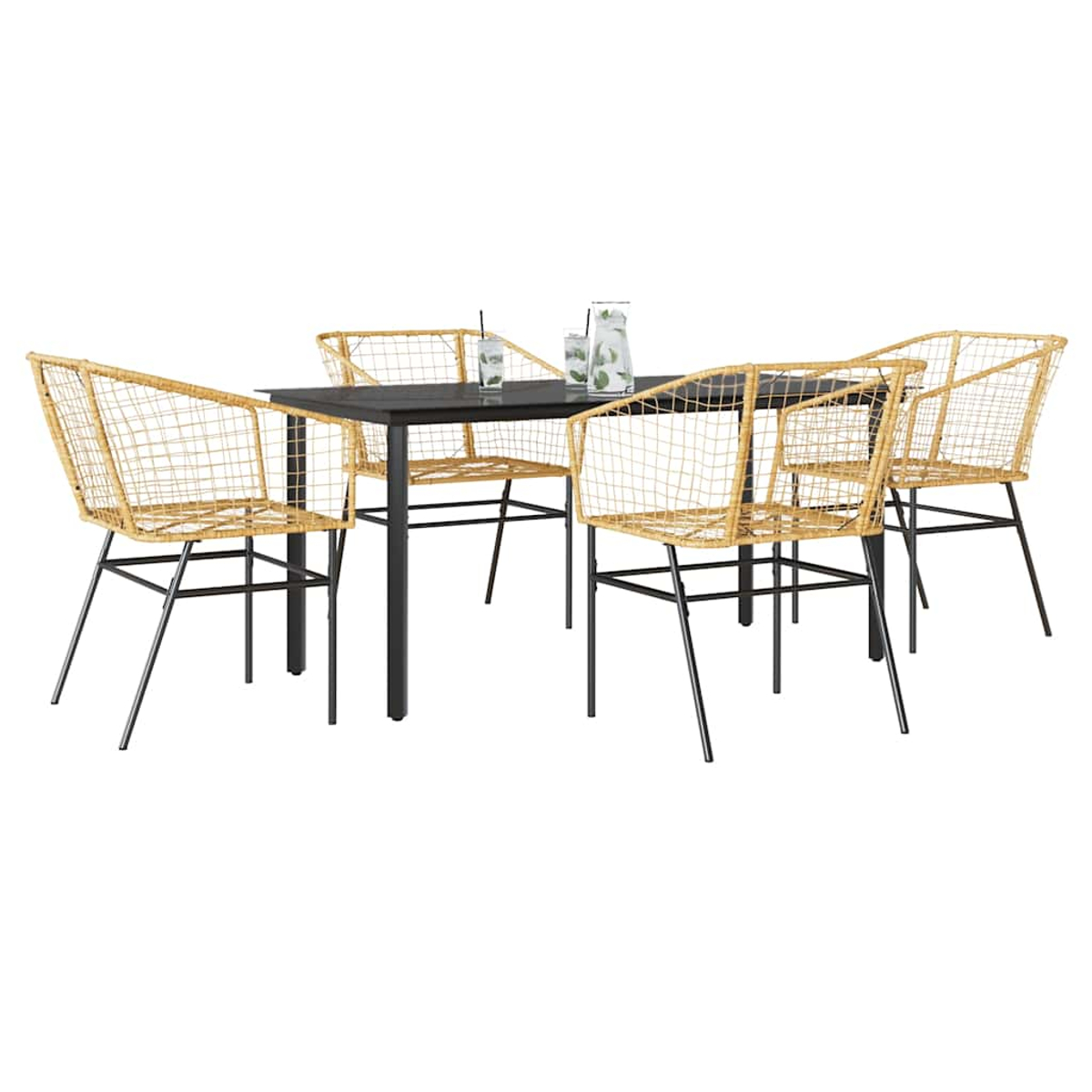 Ein gelbes Outdoor-Essset aus Metall mit vier Stühlen und einem Tisch mit grauen Kissen und Glaswaren.