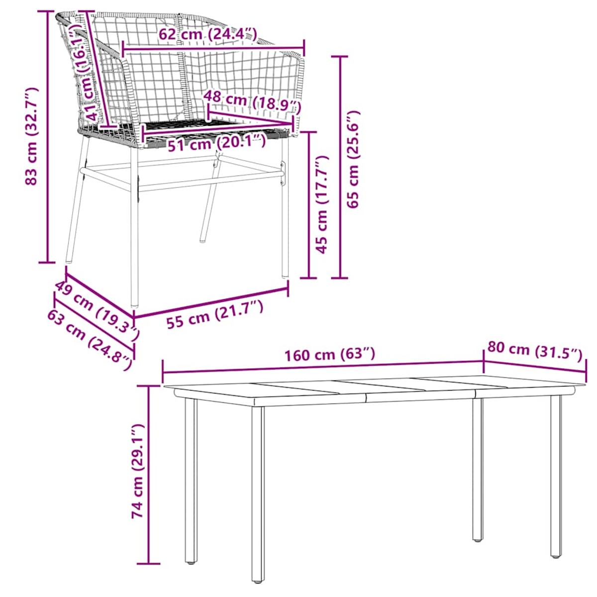 Draufsicht-Diagramm von Tisch und Stuhl mit Abmessungen.