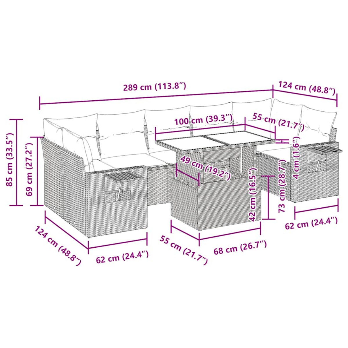 Diagramm mit Abmessungen eines Outdoor-Möbelsets. Es enthält ein Sofa, einen Tisch und Beistelltische.