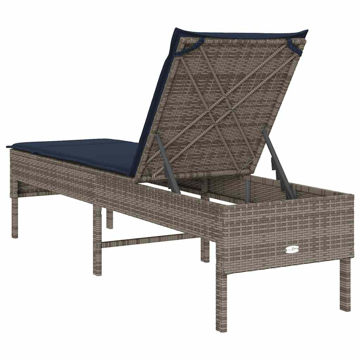 Outdoor-Liegestuhl mit grauem Weidenrahmen und marineblauem Kissen, mit verstellbarer Rückenlehne. Rücken ist oben.