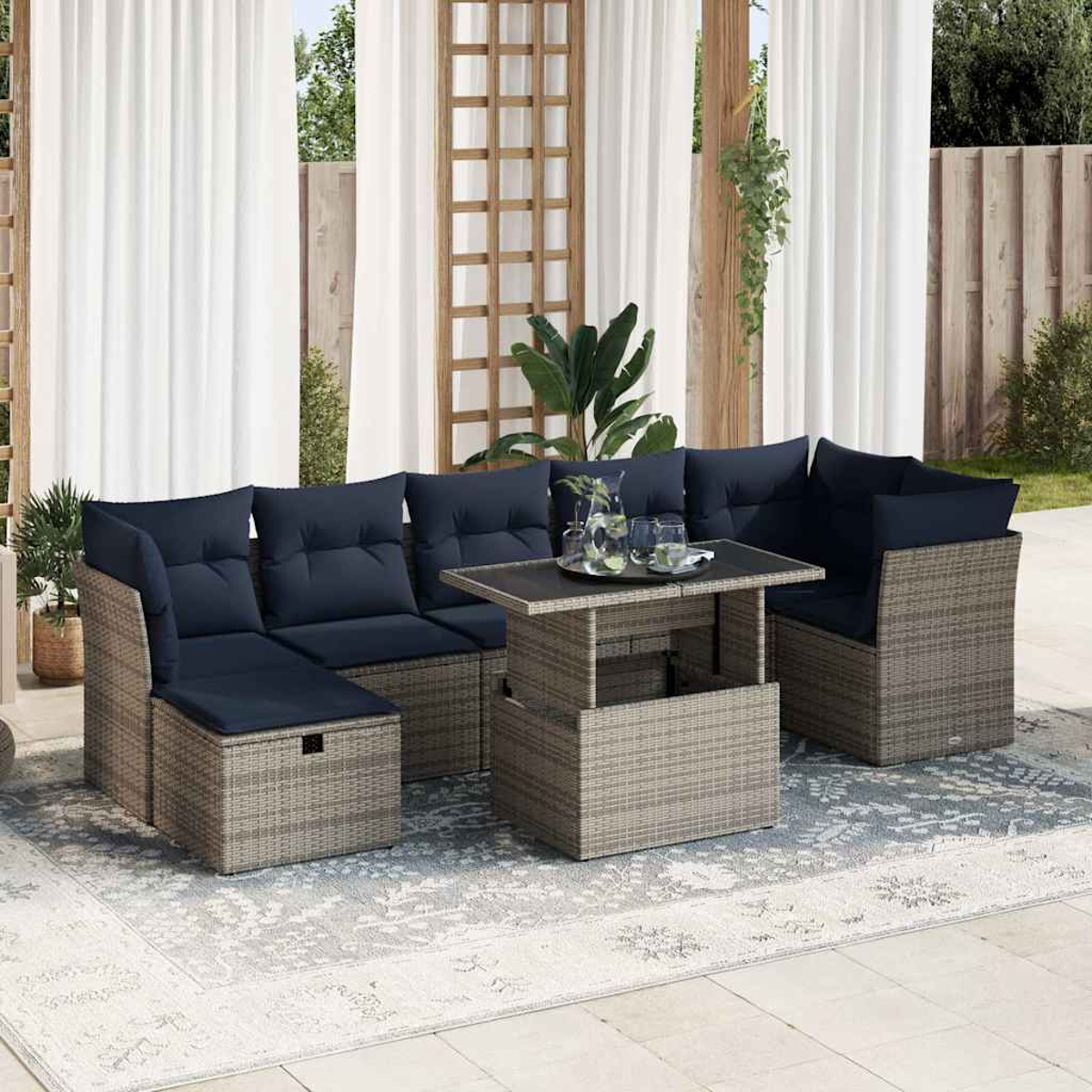 Outdoor-Korbgeflecht-Möbelset mit blauen Kissen und einem Tisch mit Hubplatte. Terrasse.