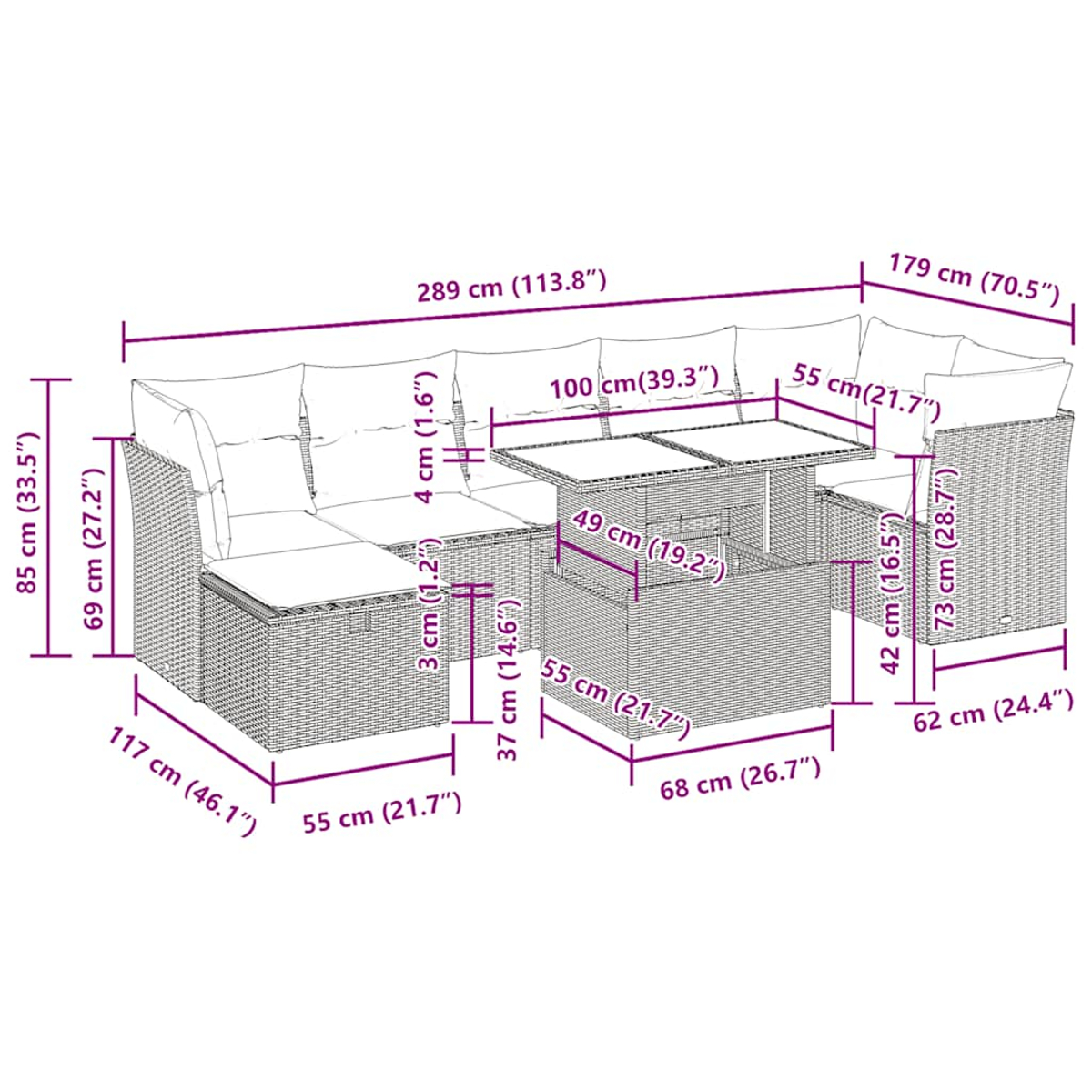 Diagramm eines grauen Ecksofas und Tisches aus Korbgeflecht, mit Maßen in Zentimetern.