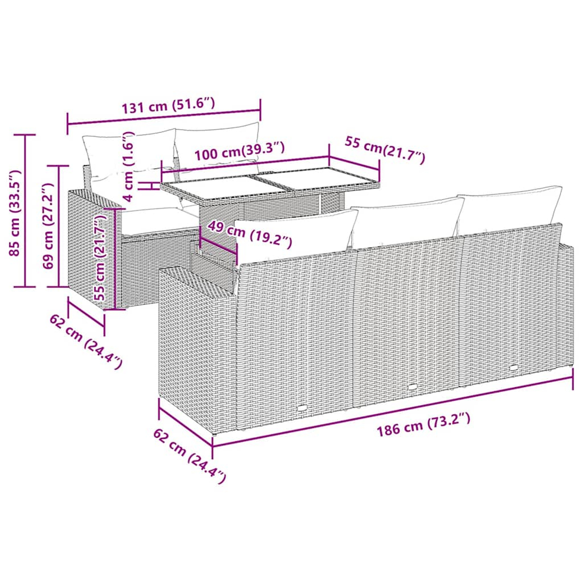 Diagramm eines grauen Ecksofas und Tisches aus Korbgeflecht, mit Maßen in Zentimetern.