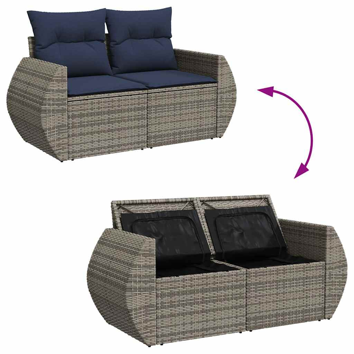 Zwei Rattansofas mit blauen Kissen. Eines hat Kissen, das Fach des anderen ist offen.